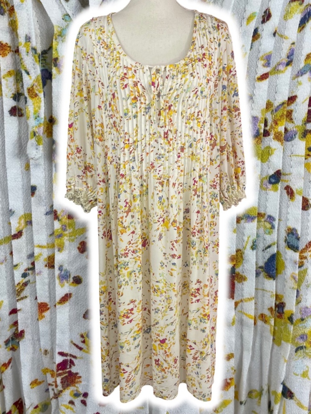 Sahalie Floral Pintucked Dress 2X Long Sleeve Lace Trim Tie Neck Midi Balloon